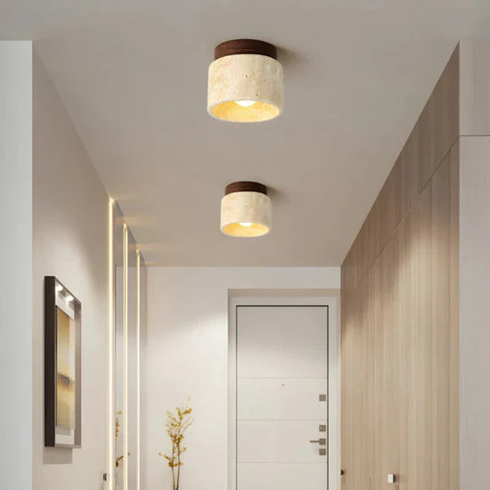 Radia Cylindrical Travertine Ceiling Lamp with Wooden Accent