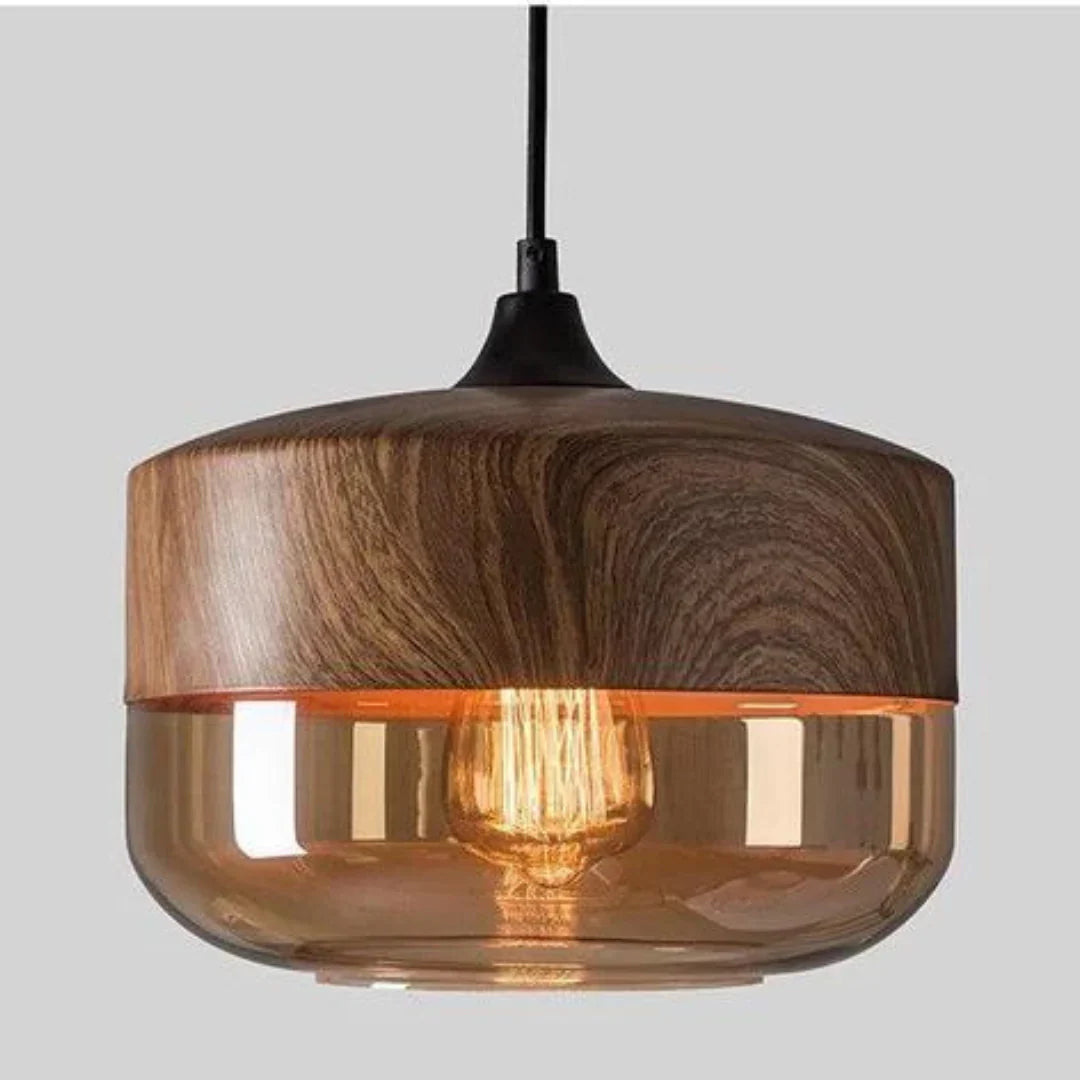 Viresta Scandinavian Pendant Lamp in Wood and Tinted Glass