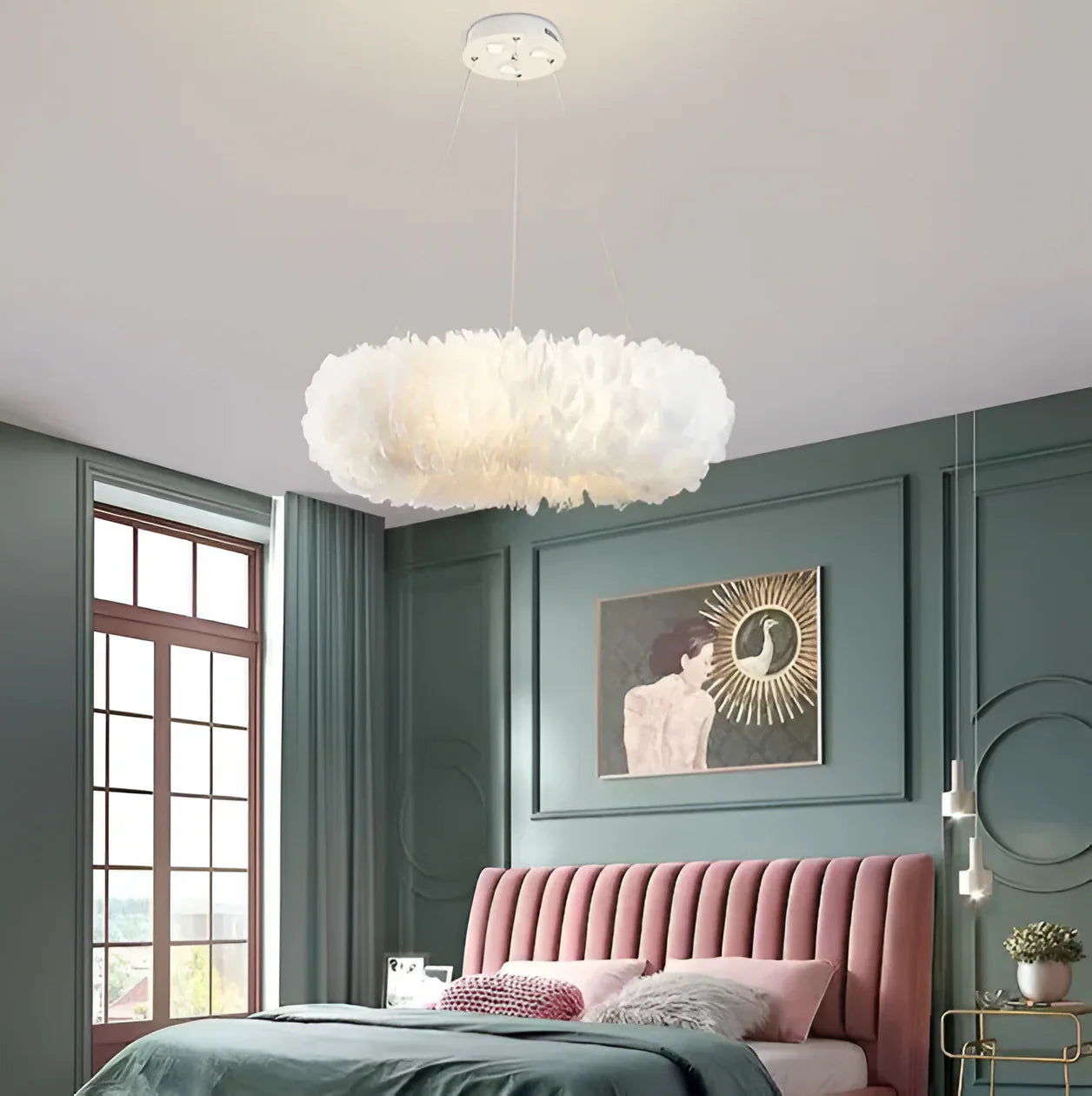 Velastrae Luxury White Hanging Lamp in Circle Shape with Feathers