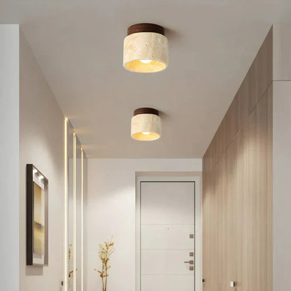 Radia Cylindrical Travertine Ceiling Lamp with Wooden Accent