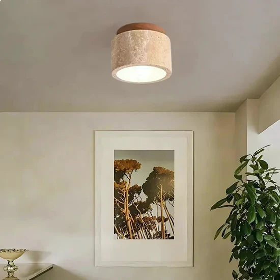 Radia Cylindrical Travertine Ceiling Lamp with Wooden Accent