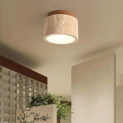 Radia Cylindrical Travertine Ceiling Lamp with Wooden Accent