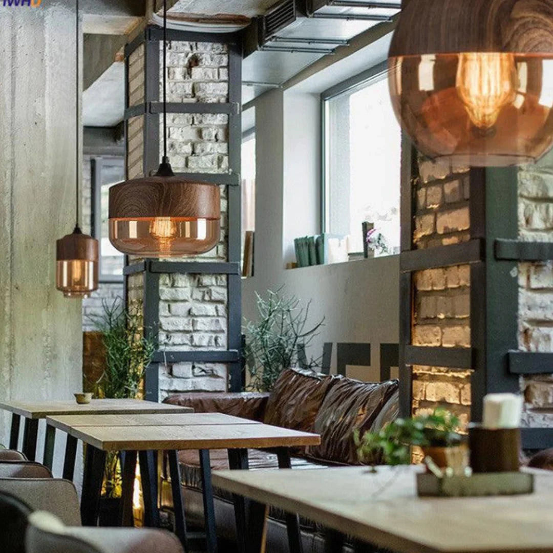 Viresta Scandinavian Pendant Lamp in Wood and Tinted Glass