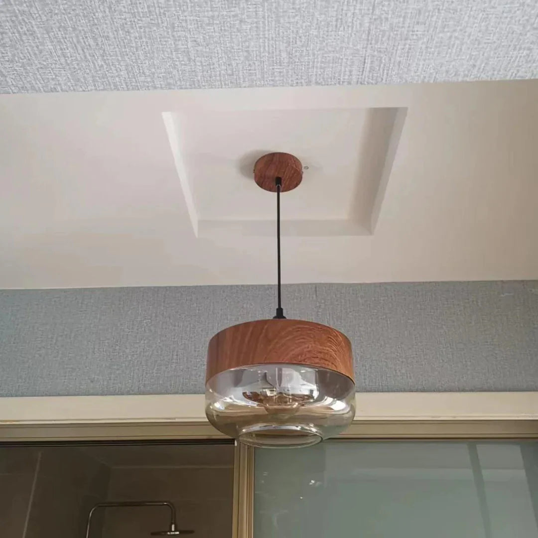 Viresta Scandinavian Pendant Lamp in Wood and Tinted Glass