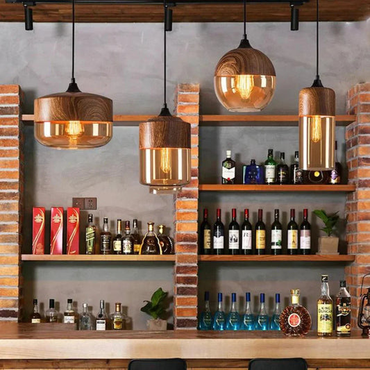 Viresta Scandinavian Pendant Lamp in Wood and Tinted Glass
