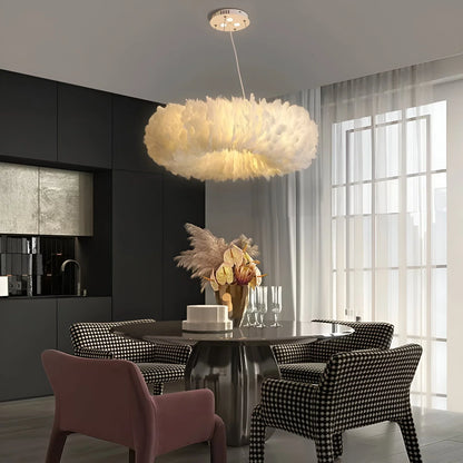 Velastrae Luxury White Hanging Lamp in Circle Shape with Feathers