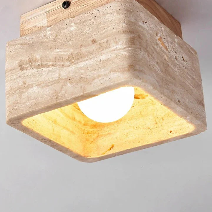 Delona Square Travertine & Wood LED Ceiling Lamp