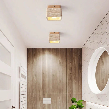 Delona Square Travertine & Wood LED Ceiling Lamp