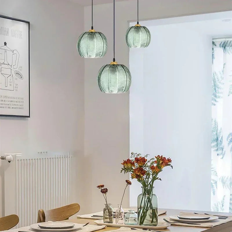 Noctylla Scandinavian Glass Pendant Lamp with Green Leaf Pattern