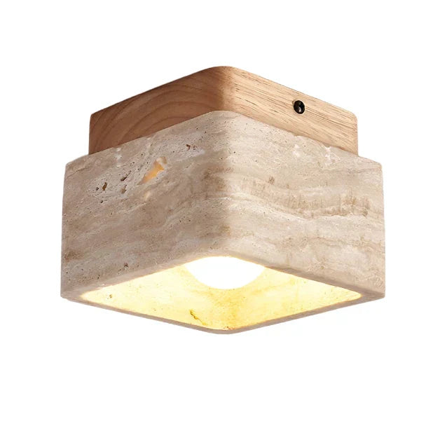 Delona Square Travertine & Wood LED Ceiling Lamp