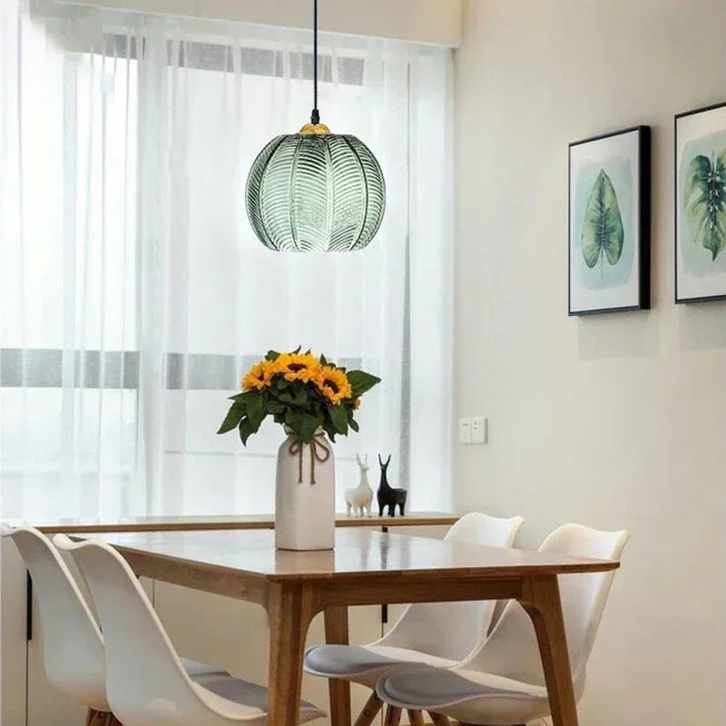 Noctylla Scandinavian Glass Pendant Lamp with Green Leaf Pattern