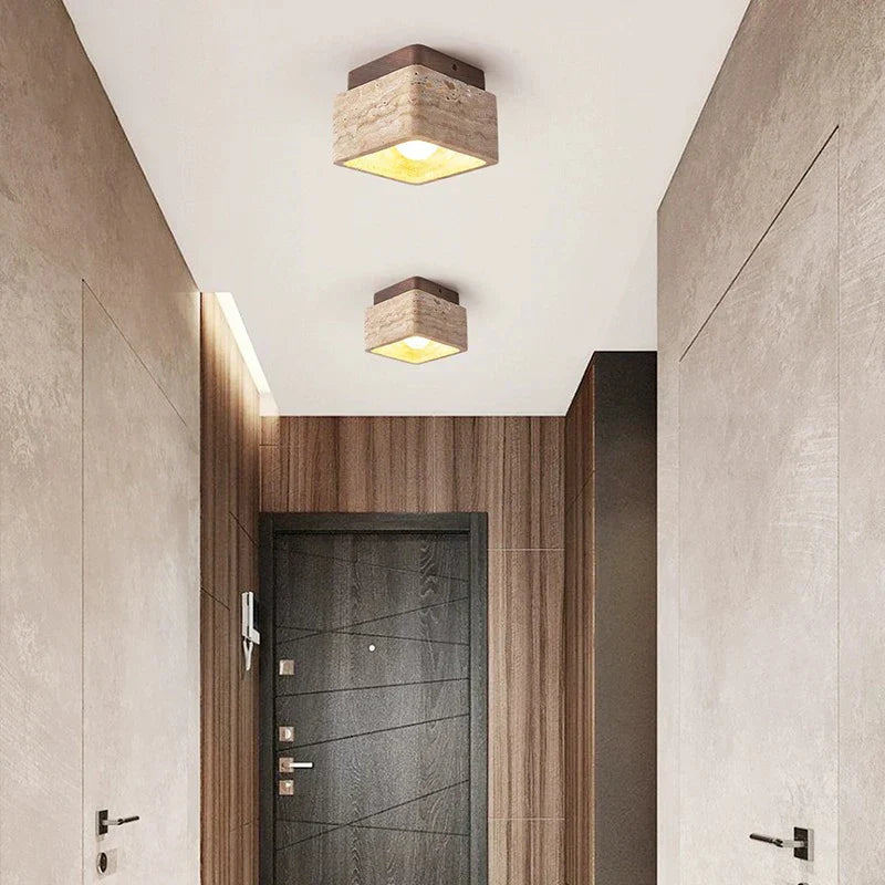 Delona Square Travertine & Wood LED Ceiling Lamp