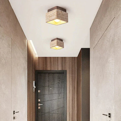 Delona Square Travertine & Wood LED Ceiling Lamp