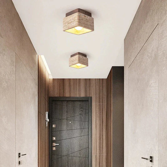 Delona Square Travertine & Wood LED Ceiling Lamp