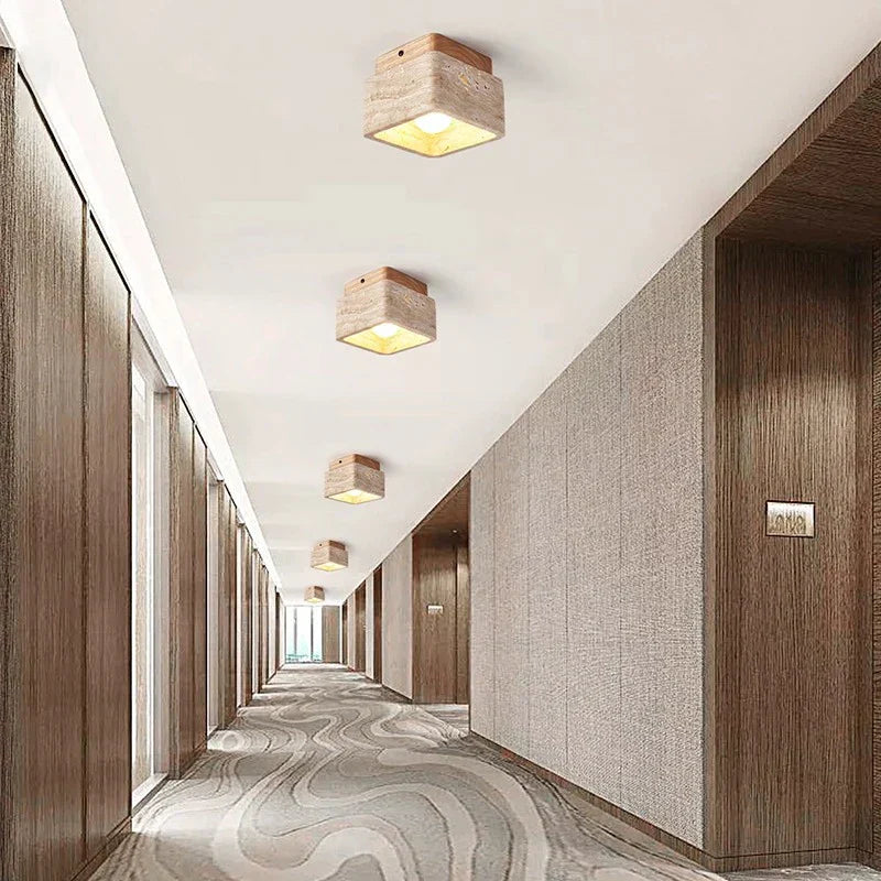 Delona Square Travertine & Wood LED Ceiling Lamp